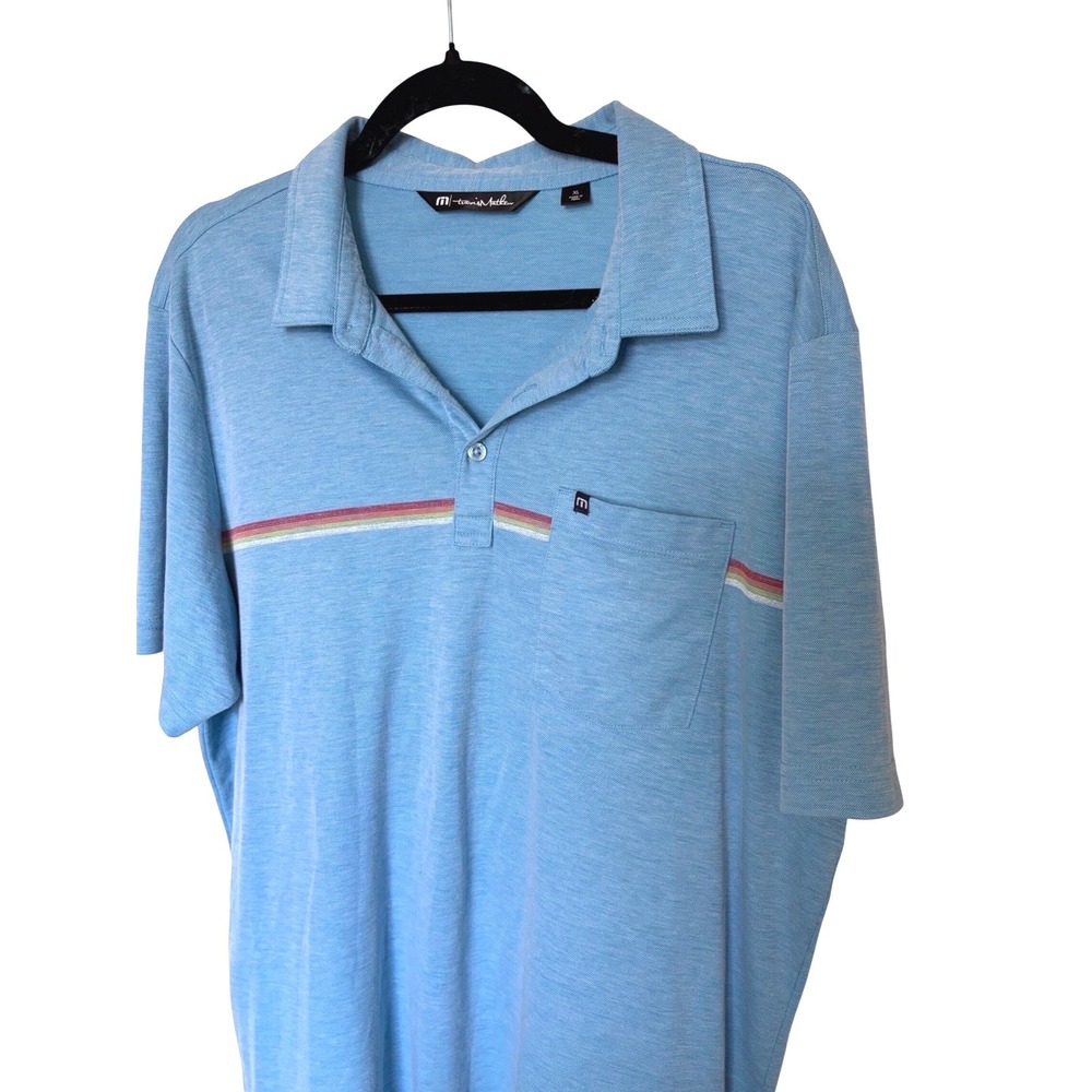 TravisMathew Mens XL Blue Heathered Stripe Pocket Polo Golf Shirt Short Sleeve